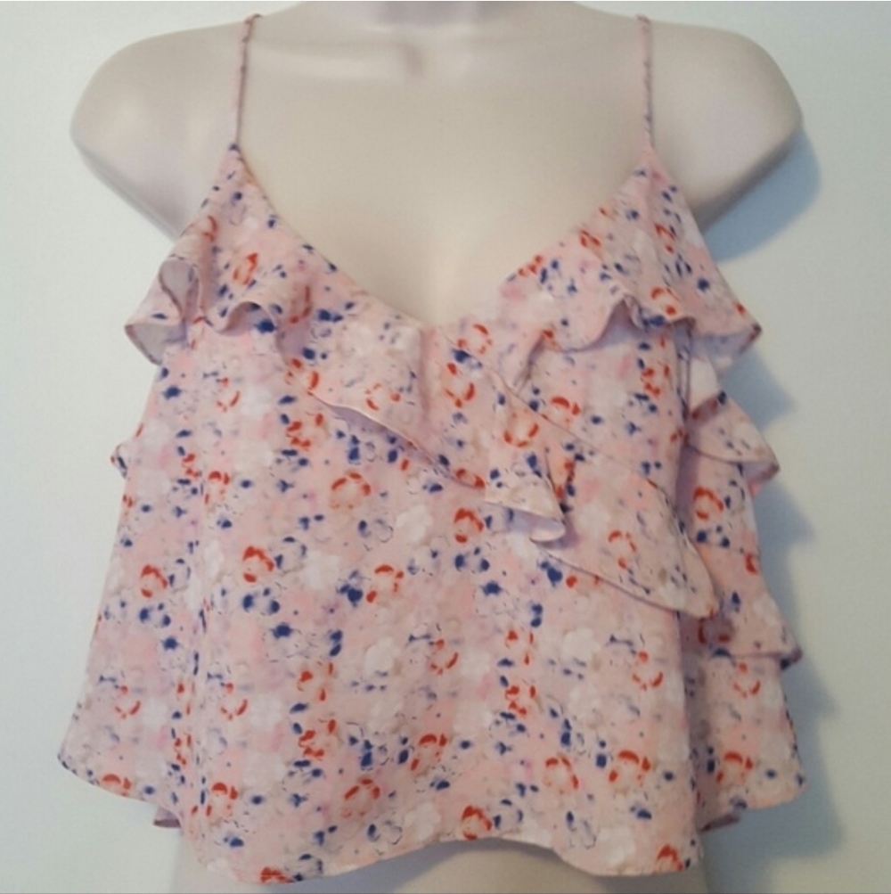 Abstract Floral Print Crop Top with Ruffles - Picture 2 of 6